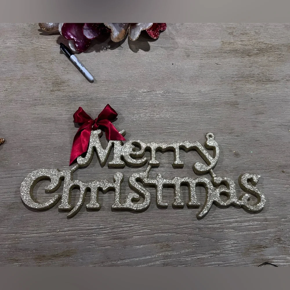 Gold Glitter Merry Christmas Sign with Bright Red Bow